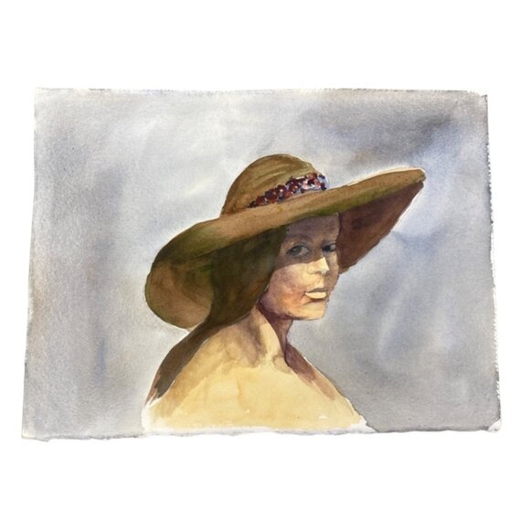 Watercolor Portrait Painting Of Woman In Sun Hat On Textured Paper 15x11" READ - Picture 1 of 5